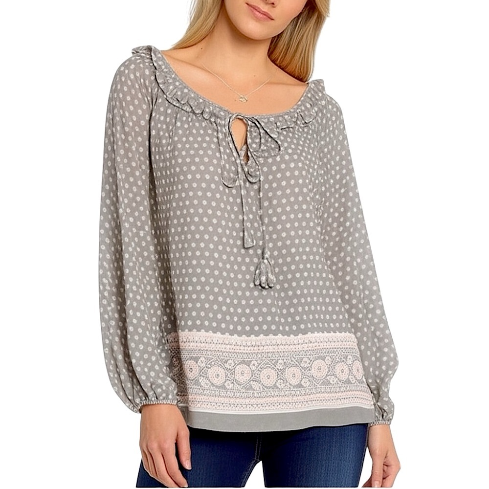 Max Studio Puff Sleeve Polka Dot Floral Trim Ruffle Trim Tassel Top Gray Pink SP